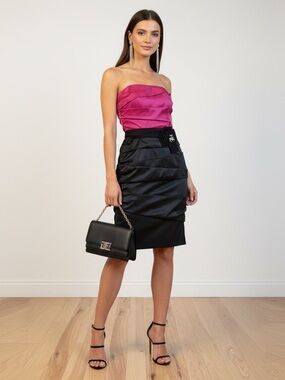White House Black Market Strapless Fuchsia and Black Satin Dress